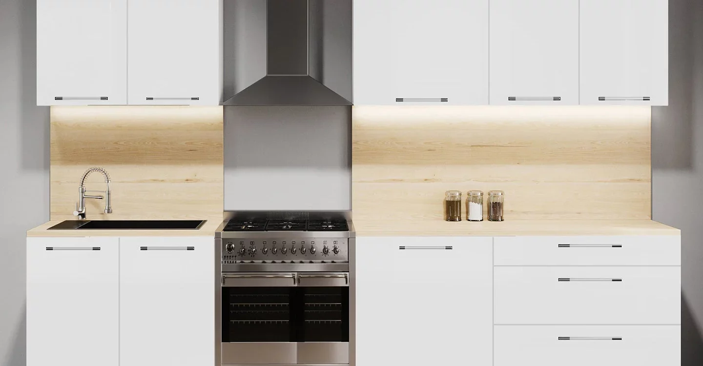 Cuisine compl&egrave;te 280 cm : 6 meubles hauts et bas, fa&ccedil;ade laqu&eacute;e blanche, poign&eacute;es inox et pieds inclus Ostwald