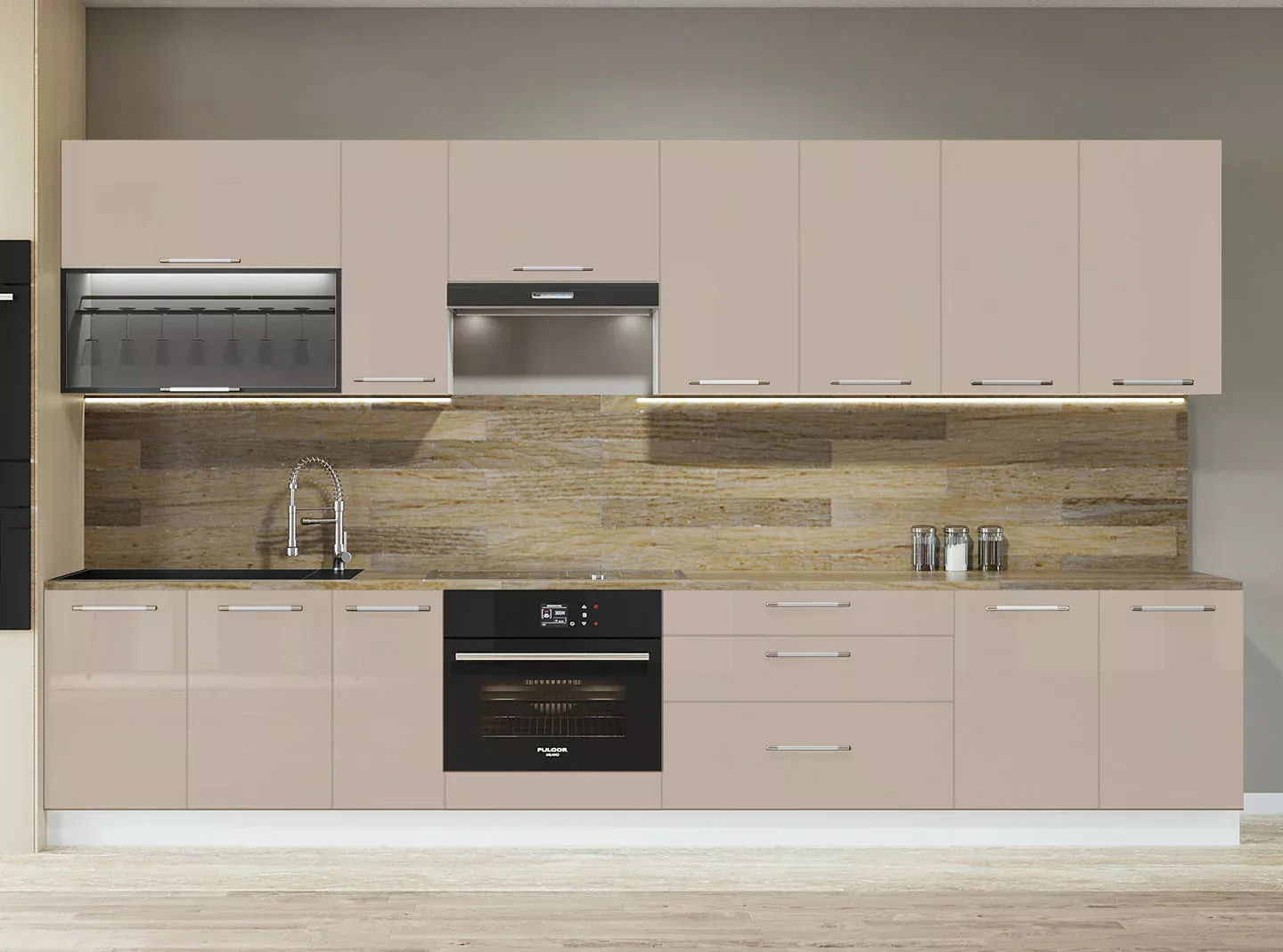 Cuisine complète de 330cm comprenant 10 éléments, avec notamment un sous-évier, un meuble bas pour four, et un meuble bas sous hotte. Les façades sont laquées en blanc. Erstein 0