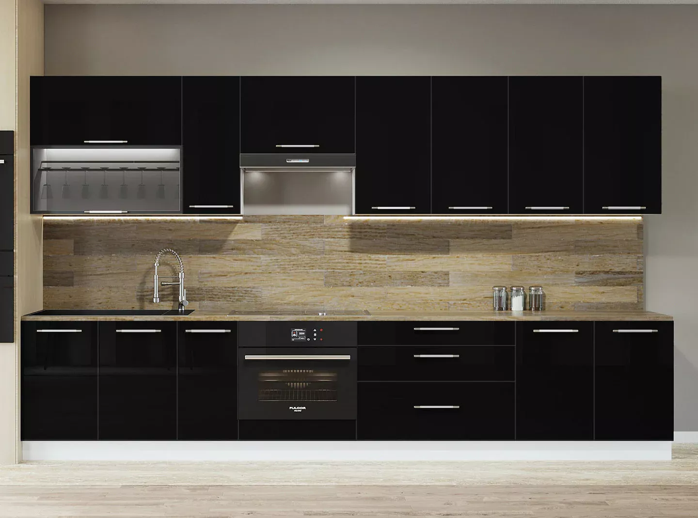 Cuisine complète de 330cm comprenant 10 éléments, avec notamment un sous-évier, un meuble bas pour four, et un meuble bas sous hotte. Les façades sont laquées en blanc. Erstein 0