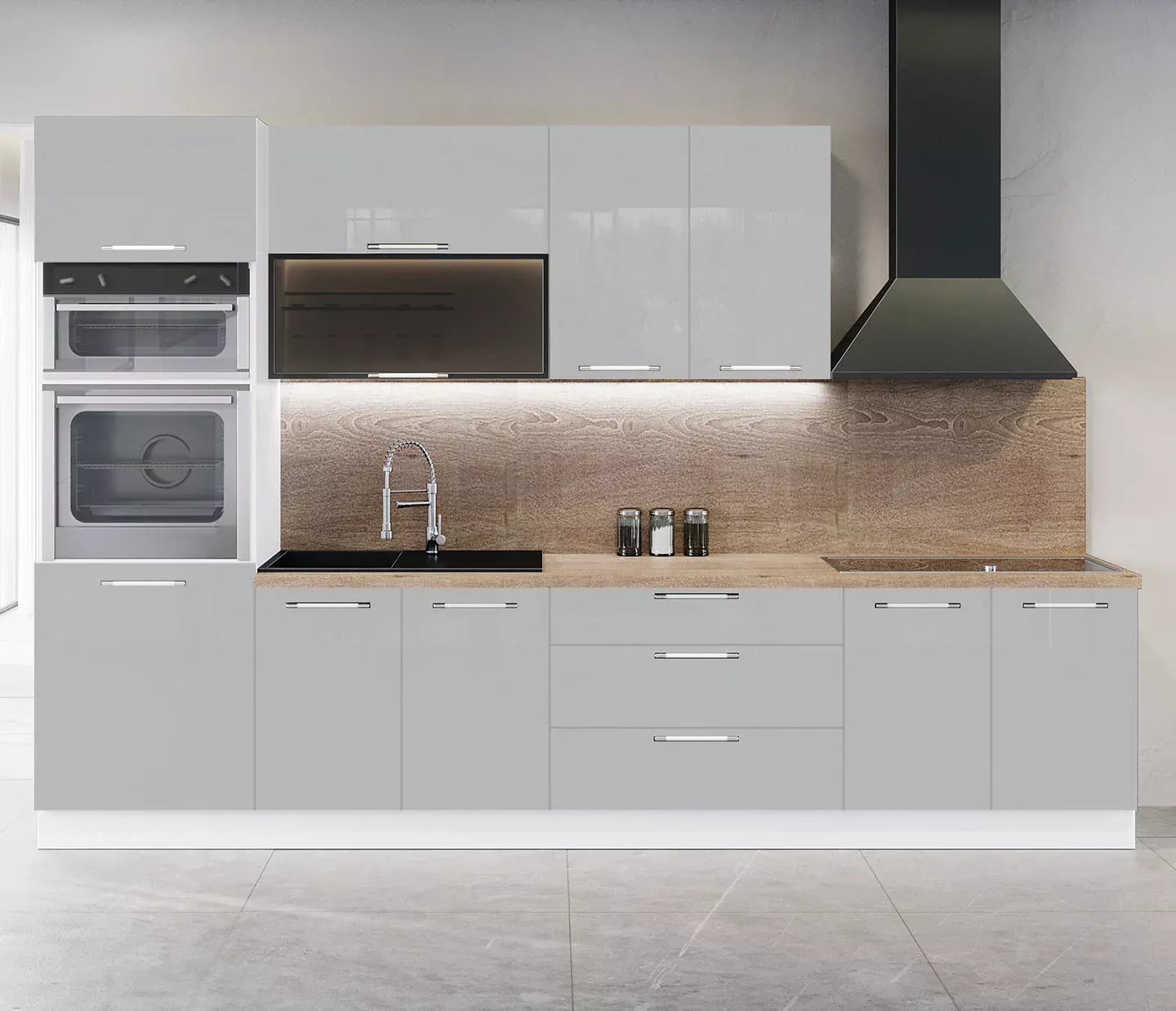 Cuisine Complète de 300 cm avec 6 Meubles, comprenant notamment un Sous-Évier et une Colonne pour Four. Les façades sont laquées en blanc Bischheim 0