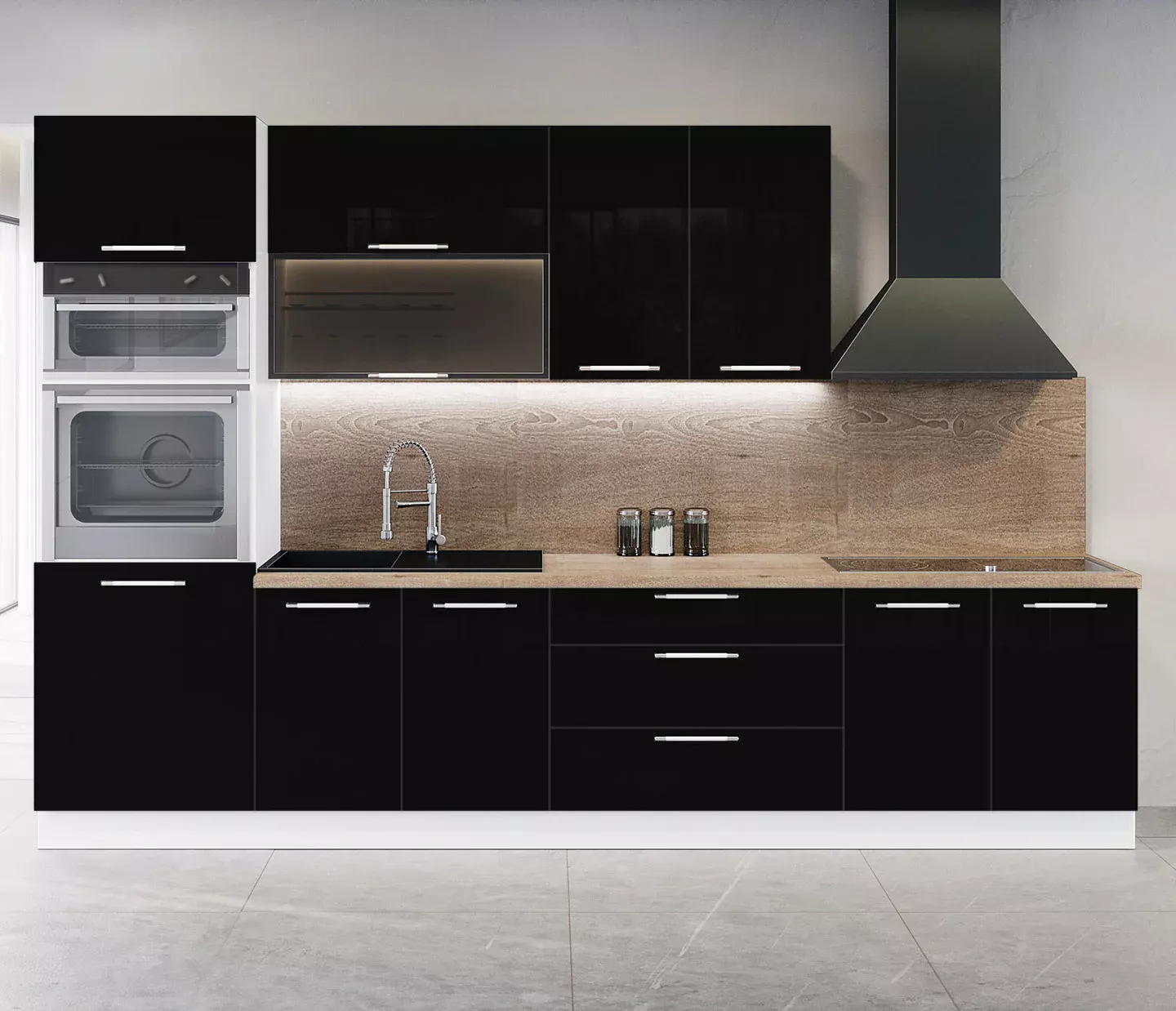 Cuisine Complète de 300 cm avec 6 Meubles, comprenant notamment un Sous-Évier et une Colonne pour Four. Les façades sont laquées en blanc Bischheim 0