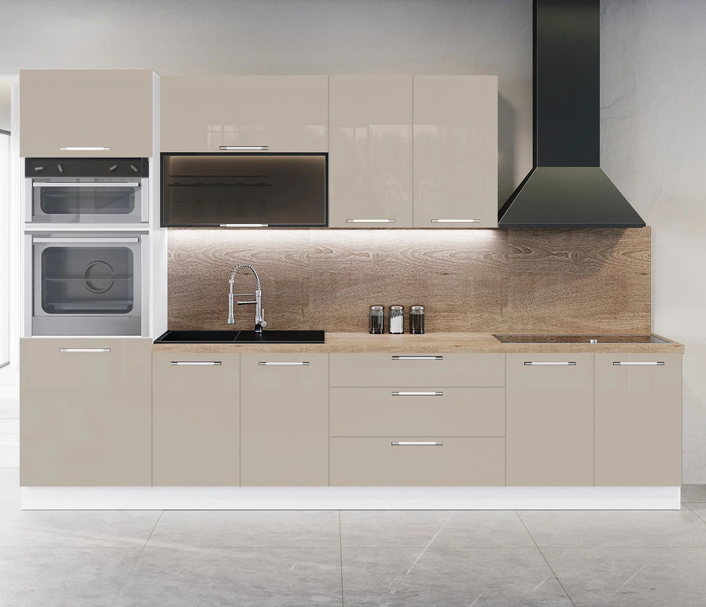 Cuisine Complète de 300 cm avec 6 Meubles, comprenant notamment un Sous-Évier et une Colonne pour Four. Les façades sont laquées en blanc Bischheim 0